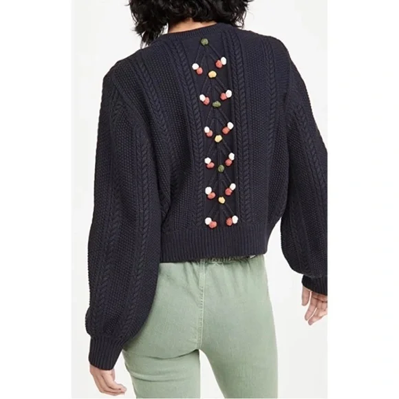 The GREAT The Frond Pom Pom Embellished Knit Cardigan Sweater Midnight Blue 2/M - Picture 5 of 12